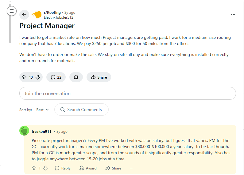 Roofing Project Manager Salary: What You Can Potentially Earn In 2026 4 Screenshot of a reddit thread discussing roofing project manager salary.