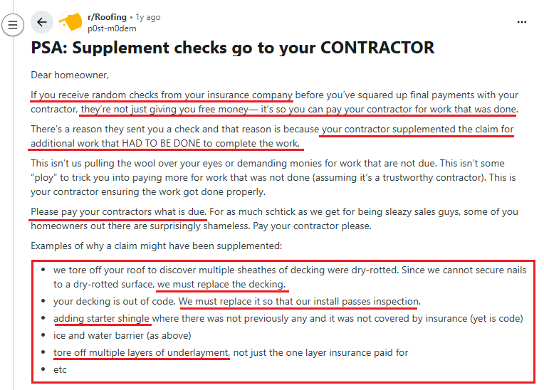 Roof insurance supplement services