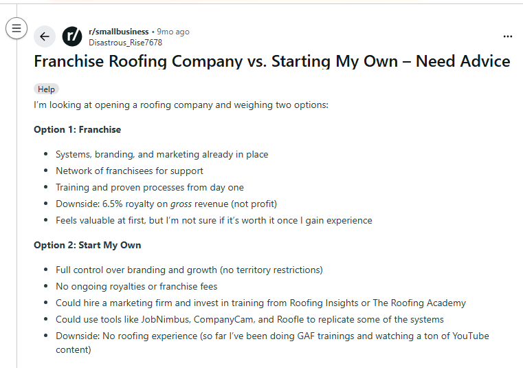 The Truth Behind Roofing Franchise Opportunities: Playing Business Vs. Building A Business 4 Https://www. Reddit. Com/r/smallbusiness/comments/1mp8xwq/franchise_roofing_company_vs_starting_my_own_need/
the truth behind roofing franchise opportunities: playing business vs. Building a business
