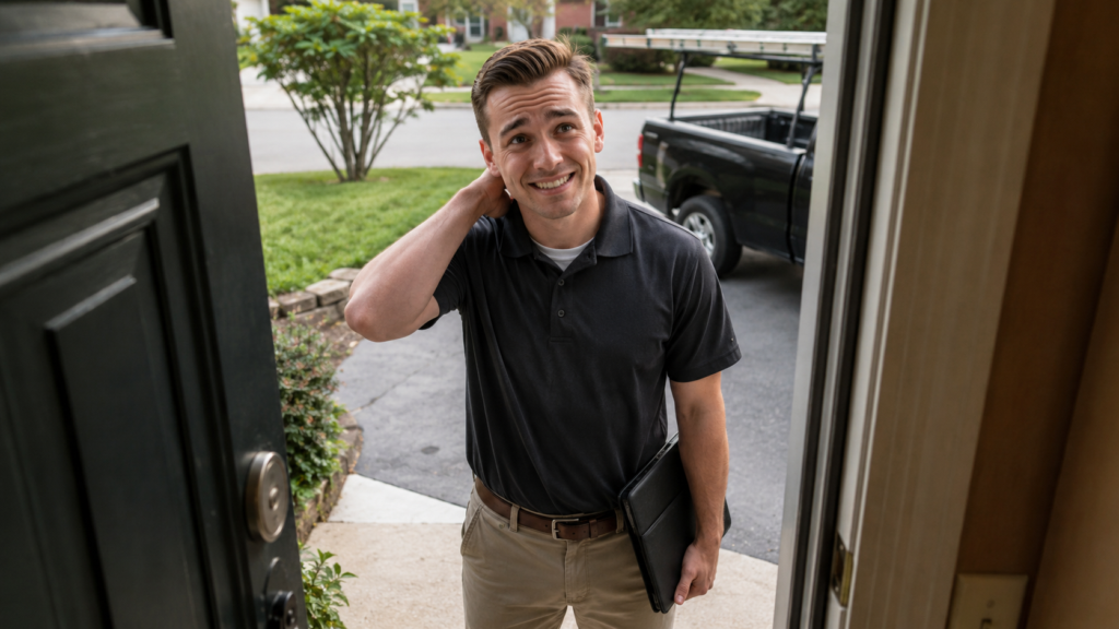 Roofing sales rep who hasnt used ai sales training knocking on a door roofing followup